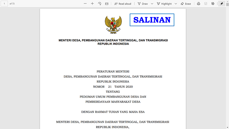 Permendesa PDTT Nomor 21 Tahun 2020 Tentang Pedoman Umum PPMD